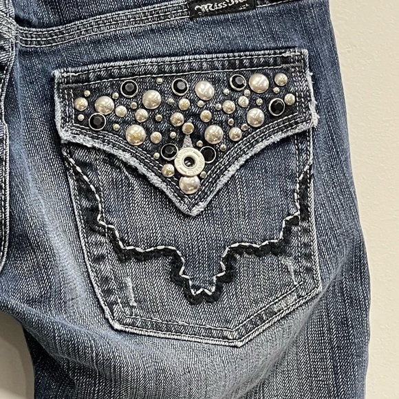 26x30 Miss Me Women's Low Rise Boot Cut Jeans - Dark Blue with Silver Accents - Picture 11 of 13